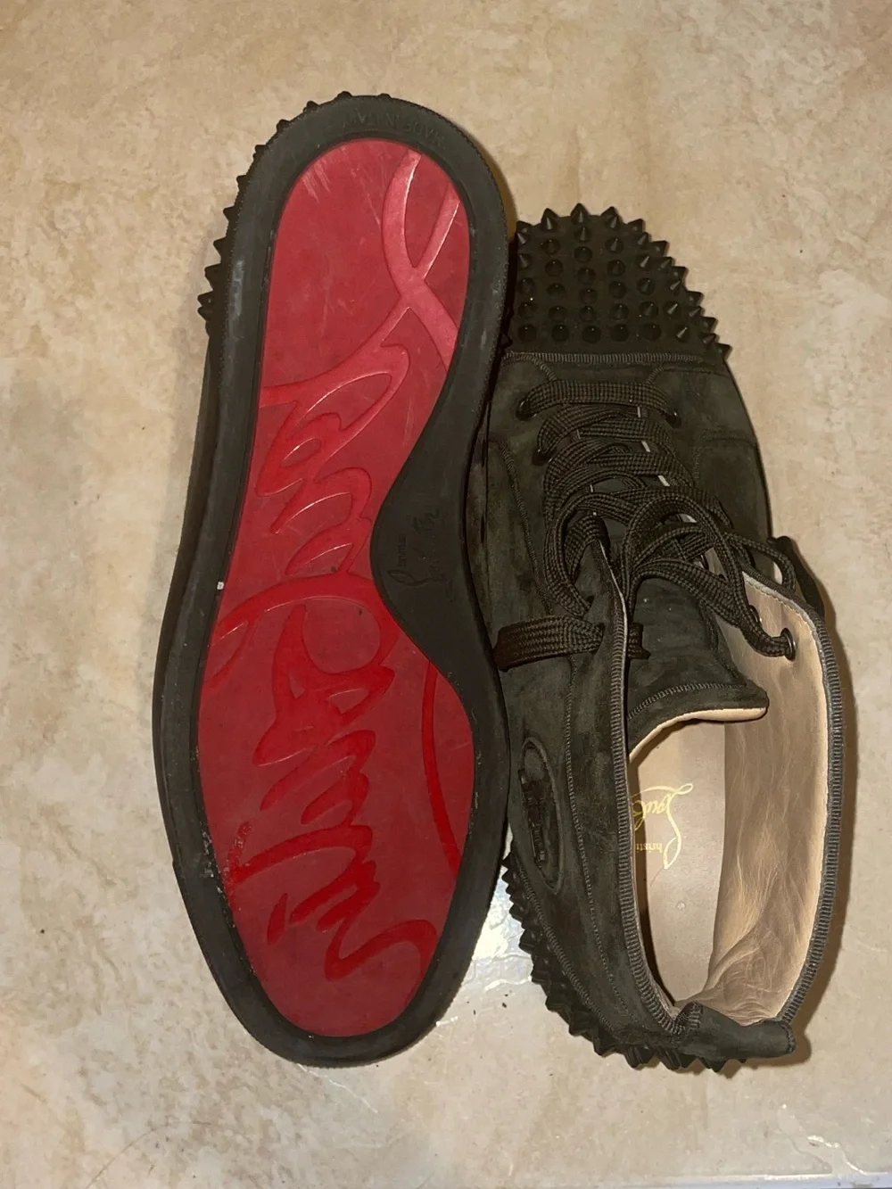 Olive green spiked Christian Louboutin Suede High Top Sneakers